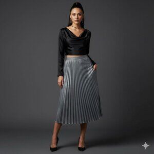 Marella Sport Women Large High Waisted Pleated A-Line Midi Skirt Metallic Silver